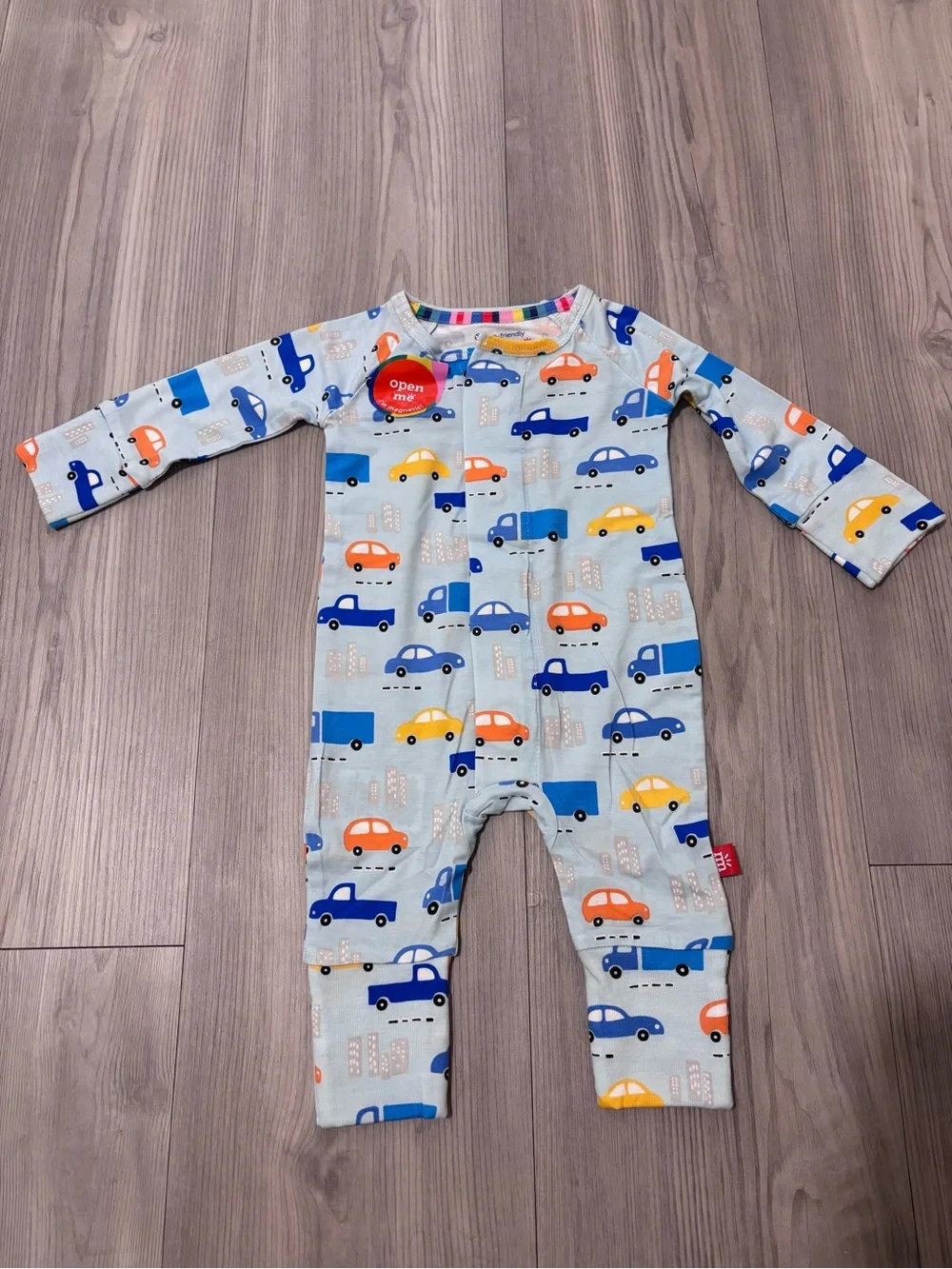 Children's bamboo magnetic me Light Blue Car-Print One-Piece Romper
